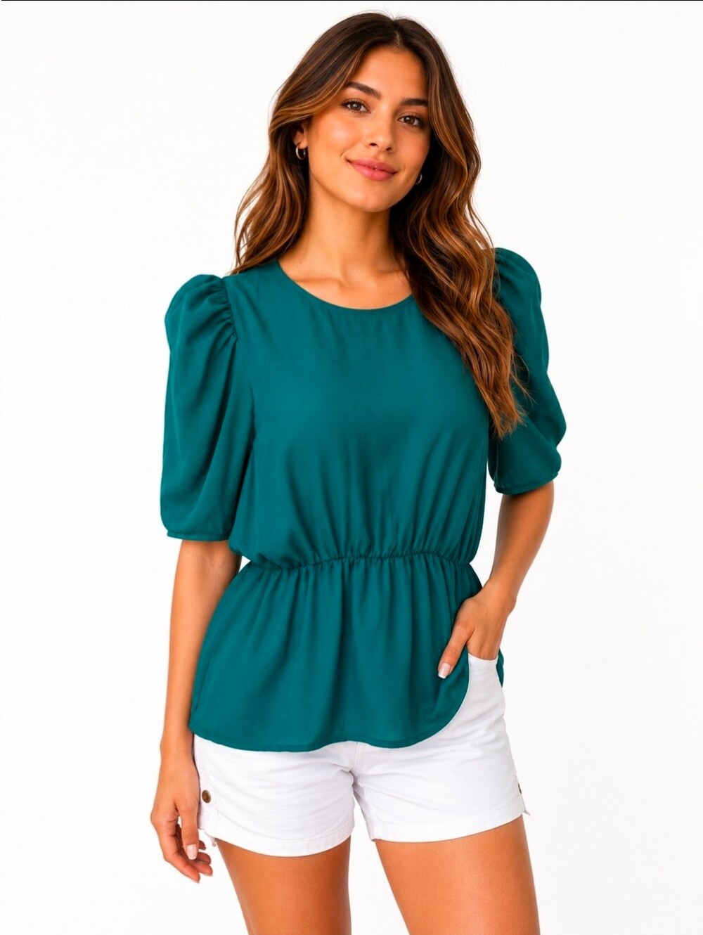 Banana Republic Teal Green Puff Sleeve Peplum Blouse Size S